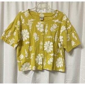 Cotton Connection Yellow Boxy Daisy Floral Shirt Short Sleeve L USA Vintage